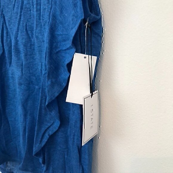 NEW NWT 1.STATE Ruffle Linen Top Bright Blue Short Cap Sleeve 100% LINEN - FLAW - Picture 3 of 8